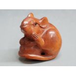 Finely carved Chinese hardwood netsuke depicting a field mouse