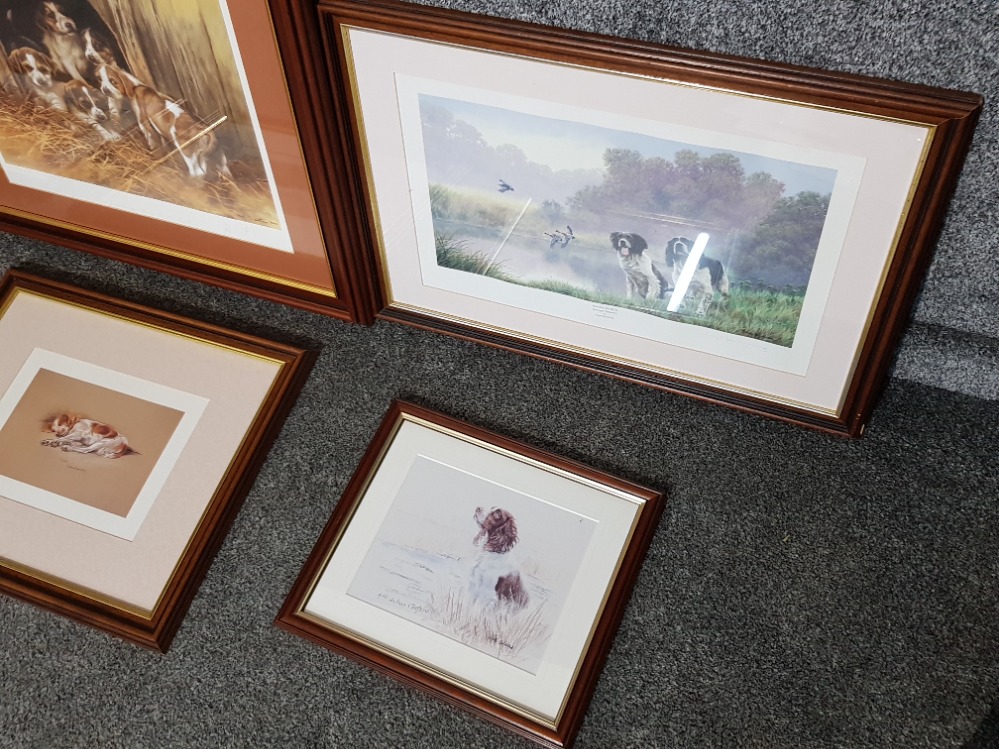 Five colour prints of spaniels, some signed and another of a fox and geese. - Image 3 of 3