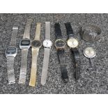 Seven gents wristwatches by Timex, Avia, Gillex, Zetron etc, and a fob.