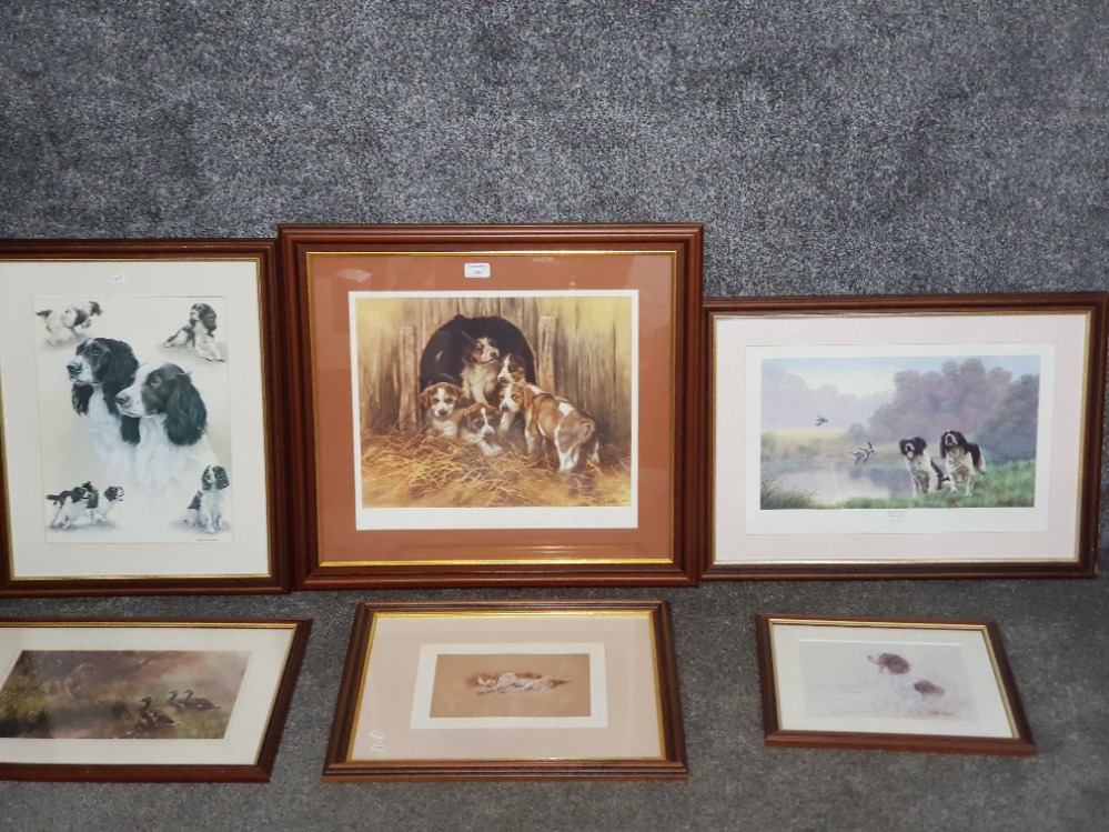 Five colour prints of spaniels, some signed and another of a fox and geese.