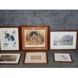 Five colour prints of spaniels, some signed and another of a fox and geese.