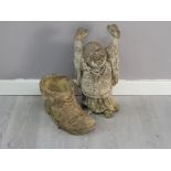 2 cast stone garden ornaments includes delightful hands up Buddha & boot