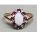 9ct gold opal, ruby & diamond cluster ring, 2.4g size O