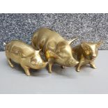 Vintage brass pig money box & 2 brass pig ornaments