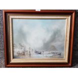 An oil painting by Paul J Wintrip fishing harbour scene 34.5 x 44.5cm.