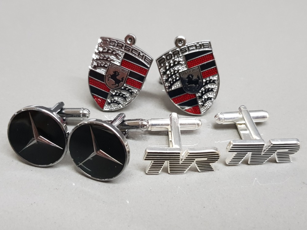 3 pairs of cufflinks in the style of Porsche, Mercedes & TVR