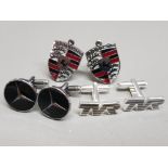 3 pairs of cufflinks in the style of Porsche, Mercedes & TVR