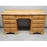 Large solid pine 9 drawer dressing table with key for centre drawer, 142x46cm, height 76cm