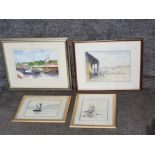 Three watercolours by J Main and another of Cullercoats by Eric Briers.