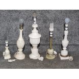Five onyx and other carved table lamps, largest measures 48cm high (base only).