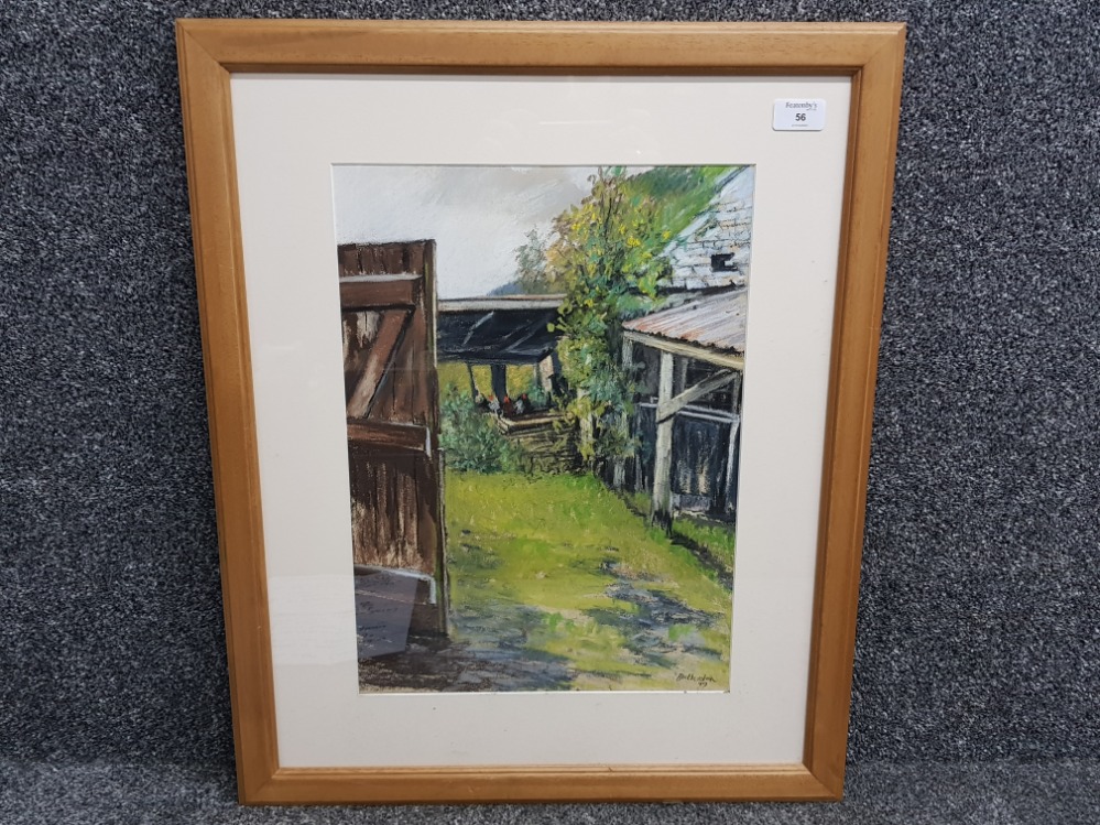 Framed pastel drawing titled chickens in old barn, 32.5cm x 44.5cm signed by the artist A