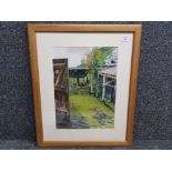 Framed pastel drawing titled chickens in old barn, 32.5cm x 44.5cm signed by the artist A