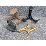 2 cast iron three footed shoe lasts together with Victorian iron & 2 cast metal oar holders