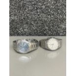 Two gents Citizen stainless steel wristwatches with white and grey faces.