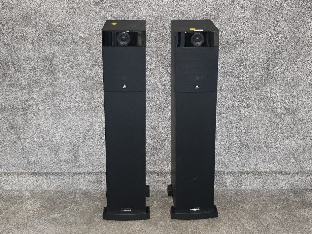 A pair of Fyne Audio floor speakers in ebonised ash cases.