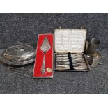 Silver plated items to include an entree dish and cover, Viners pie trowel, fish knives and forks