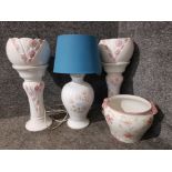 A Denby table lamp, a pair of jardineres on stands and another jardinere.
