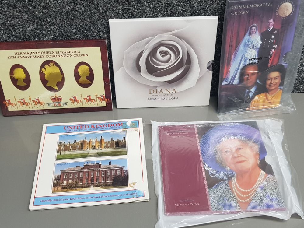 Five Royal Mint commemorative coin sets including Diana princess of wales memorial coin & 2 unopened