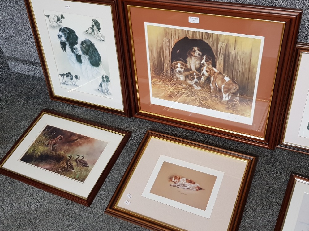 Five colour prints of spaniels, some signed and another of a fox and geese. - Image 2 of 3