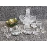 Glassware to include a carnival dish, cut glass fruit basket and 14 salts.