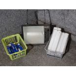 Large Hilcare 400w outdoor light together with crate containing 3 light fittings & striplights