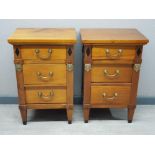 Pair of mahogany empire style 3 drawer bedside chests, 44.5x34cm, height 69cm