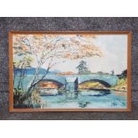 An oil painting of a bridge, indistinct signature 56 x 86cm.