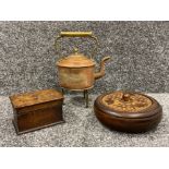 Copper and brass kettle on stand and 2 wooden boxes