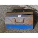 A blue painted metal tool box with contents.