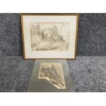 19th century Ink and wash style picture of Gibraltar (signature indistinct) and antique etching of