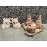 Carlton ware salt and pepper pots and also salt and pepper pots of pigs