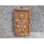 19th century or earlier carved oak Religious figure within a raised border