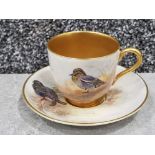 Royal Worcester associated coffee can and saucer painted by J A Stinton "Teal" and "Blackcock"