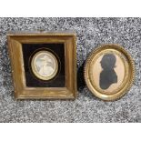 Small antique miniature portrait of a lady in a later frame, also a brass framed silhouette of a