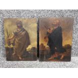 Pair of antique oil paintings on wooden panels, religious themed