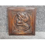 Late Victorian to early 1900s oak carved panel of a classical figure with helmet.