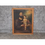 Antique oil painting on canvas of St Joseph and baby jesus (slight damage)