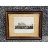 Antique framed tinted etching of Gibraltar