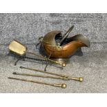 Late Victorian copper coal scuttle with 3 part companion set