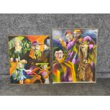 2 oil paintings, unusual “Harlequin” inspired signed M.W