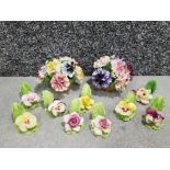 Collection of China flower baskets and single flower leaf display pieces Denton china