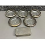 5 silver plated ashtrays and metal box with glass syringe