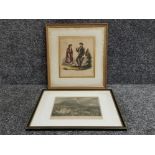 Antique etching of Gibraltar and antique coloured print Lady of Gibraltar and Spanish gentleman