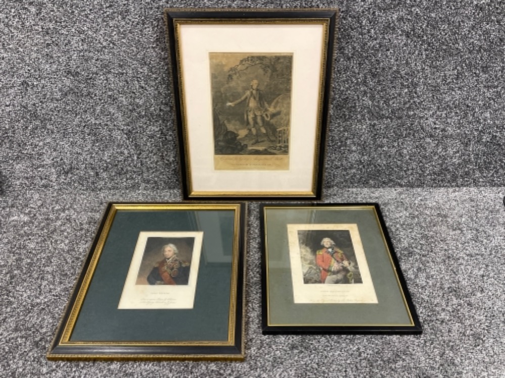3 framed antique prints of militarily figures connected to Gibraltar including lord Nelson