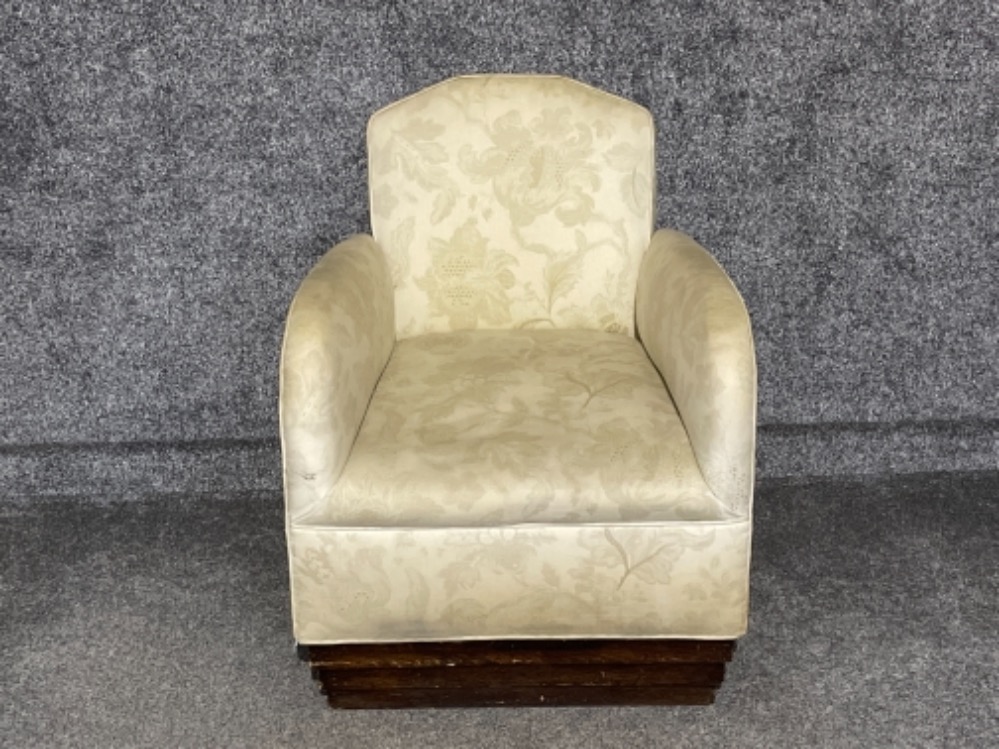 Vintage oak framed low armchair with deeper set seat