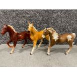 3 ceramic horse figures including American saddle horse, Mustang and Palomino