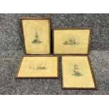 Set of 4 Antique tinted etchings of Naval ships