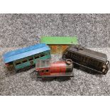 Vintage tin plate train engine, 2 carriages and a station building