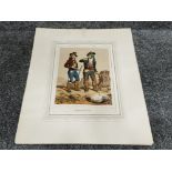 Antique etching, later coloured of a pair of Spanish smugglers fro. The late 1700s to early 1800s