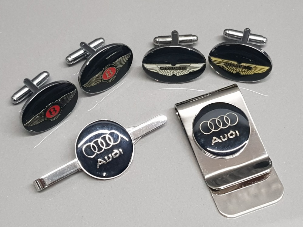 2 pairs of cufflinks in the style of Aston Martin and Bentley plus 2 x Audi clips